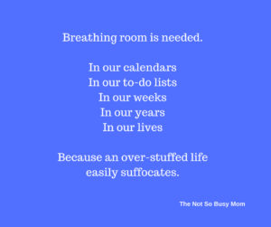 Breathing room is needed.In our calendars.In our to-do lists.In our weeks.In our years.In our lives.And over-stuffed life easily suffocates.
